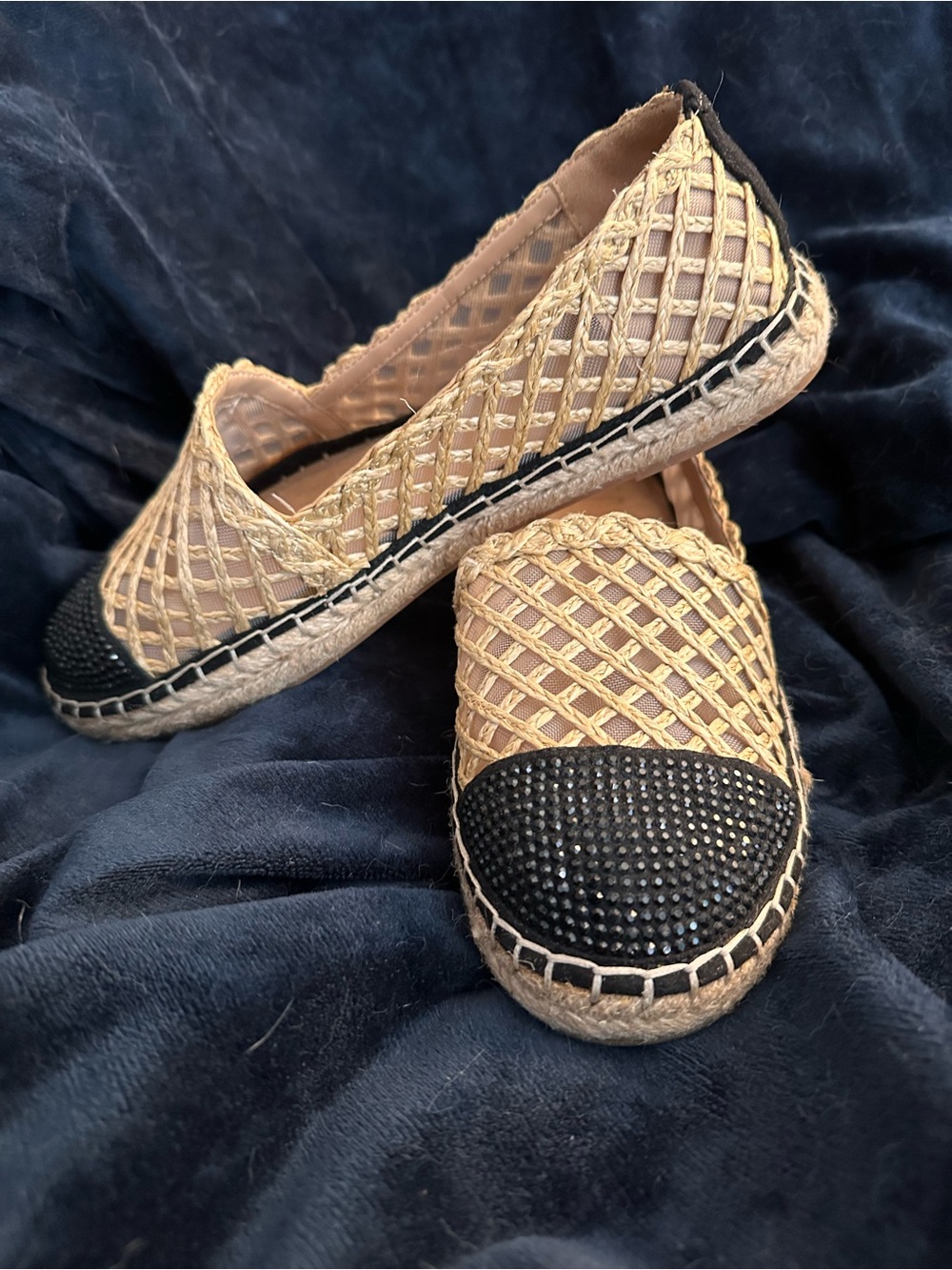 INC International Concepts Tan Woven Espadrilles with Black Embellished Toe Cap